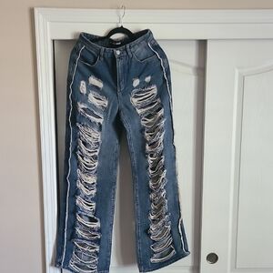 Fashion Nova Distressed Blue Straight Leg Jeans with Side Stripe